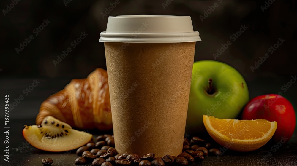 coffee in a paper cup, with fruit, a croissant coffee in a paper cup, with fruit, a croissant