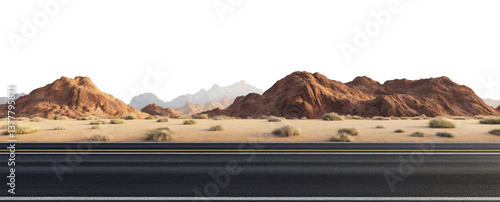Asphalt road stretching across the desert, isolated on a transparent background