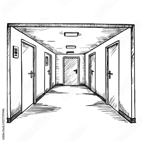 Sketched hallway with multiple doors in a simple style  