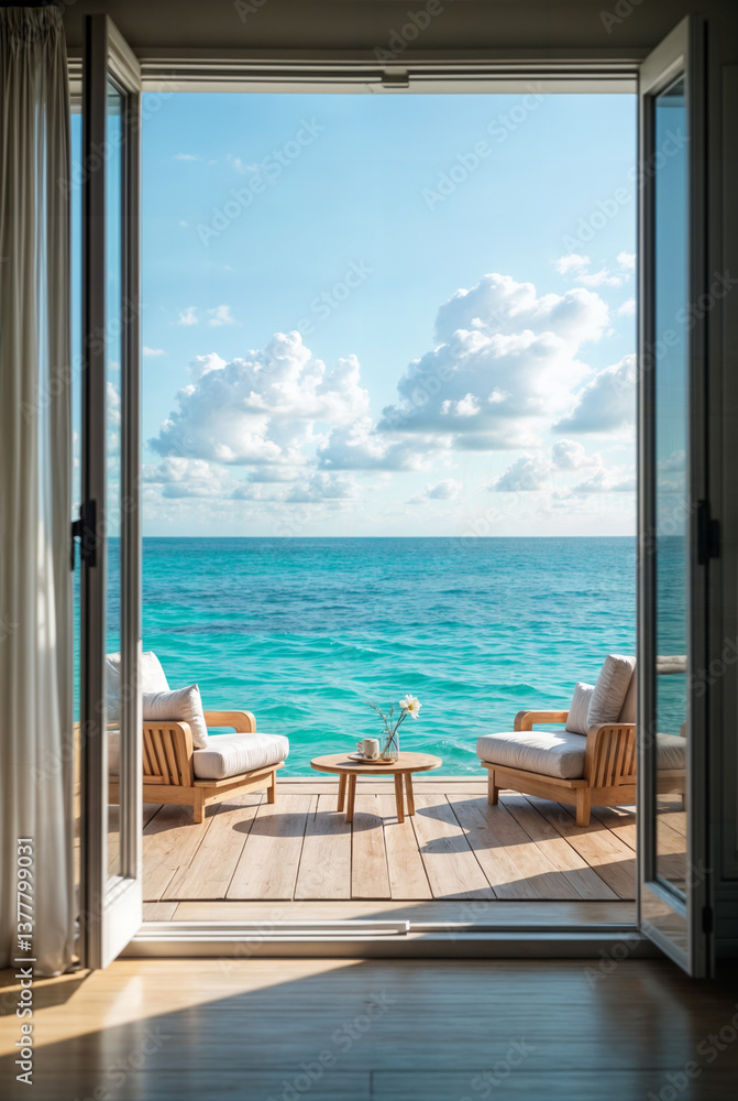Fototapeta premium A stunning ocean view framed by open double doors, leading to a sunny balcony with two wooden chairs and a small round table