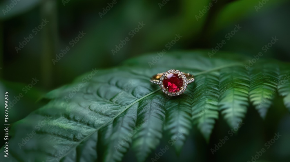 A vibrant ruby ring rests elegantly on a verdant leaf A vibrant ruby ring rests elegantly on a verdant leaf