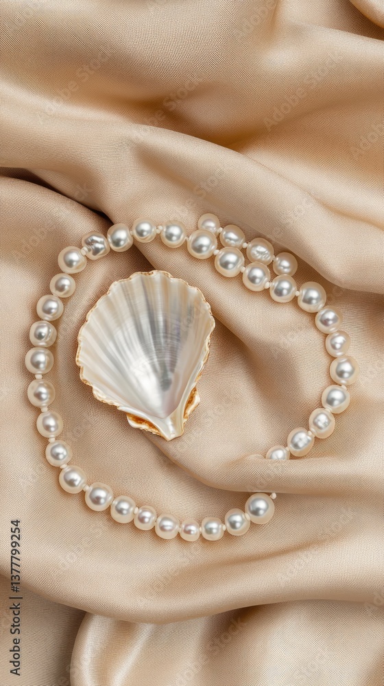 Close-up view of an open seashell adorned with lustrous pearls resting on soft fabric, highlighting natural beauty and luxury Close-up view of an open seashell adorned with lustrous pearls resting on soft fabric, highlighting natural beauty and luxury