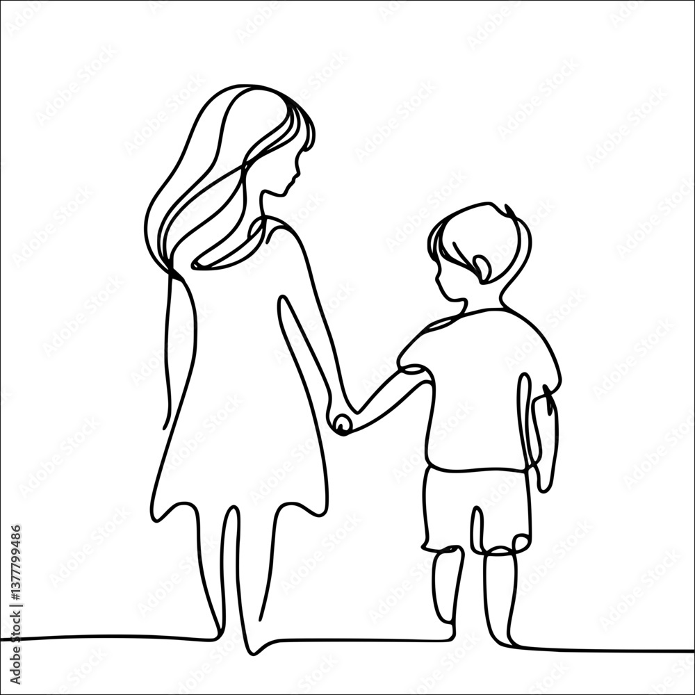 Mother and child holding hands in a minimalist line drawing on a transparent background Mother and child holding hands in a minimalist line drawing on a transparent background