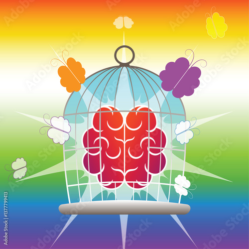 Surreal illustration of a brain in a birdcage, surrounded by colorful butterflies symbolizing creativity and freedom. A powerful concept encouraging you to free your brain and break mental barriers.