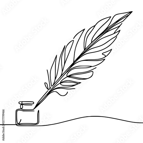 Line Drawing of Quill Pen in Ink Bottle on Transparent Background  