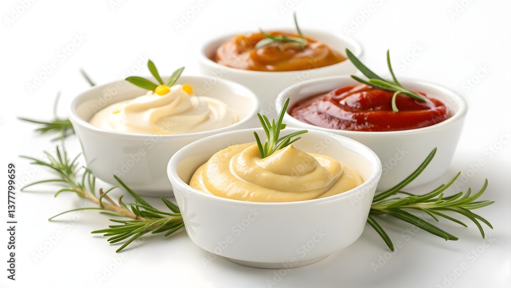 Gourmet Dips Displayed in Elegant Bowls With Fresh Herbs on a White Background Gourmet Dips Displayed in Elegant Bowls With Fresh Herbs on a White Background