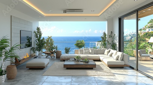 Stunning modern luxury living room with panoramic ocean view in an elegant seaside villa  Spacious and bright open concept design with comfortable furniture natural light