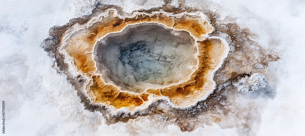 Aerial view of a geothermal hot spring forming a beautiful, multicolored pattern in a volcanic landscape Aerial view of a geothermal hot spring forming a beautiful, multicolored pattern in a volcanic landscape