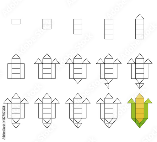 How to draw step by step? Worksheet easy guide to drawing cartoon corn. Developing kids skills for drawing and coloring.