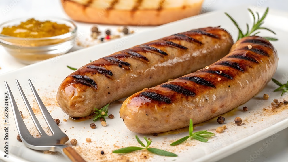 Grilled Sausages Served With Mustard and Pickles on a White Plate With a Rustic Fork Grilled Sausages Served With Mustard and Pickles on a White Plate With a Rustic Fork