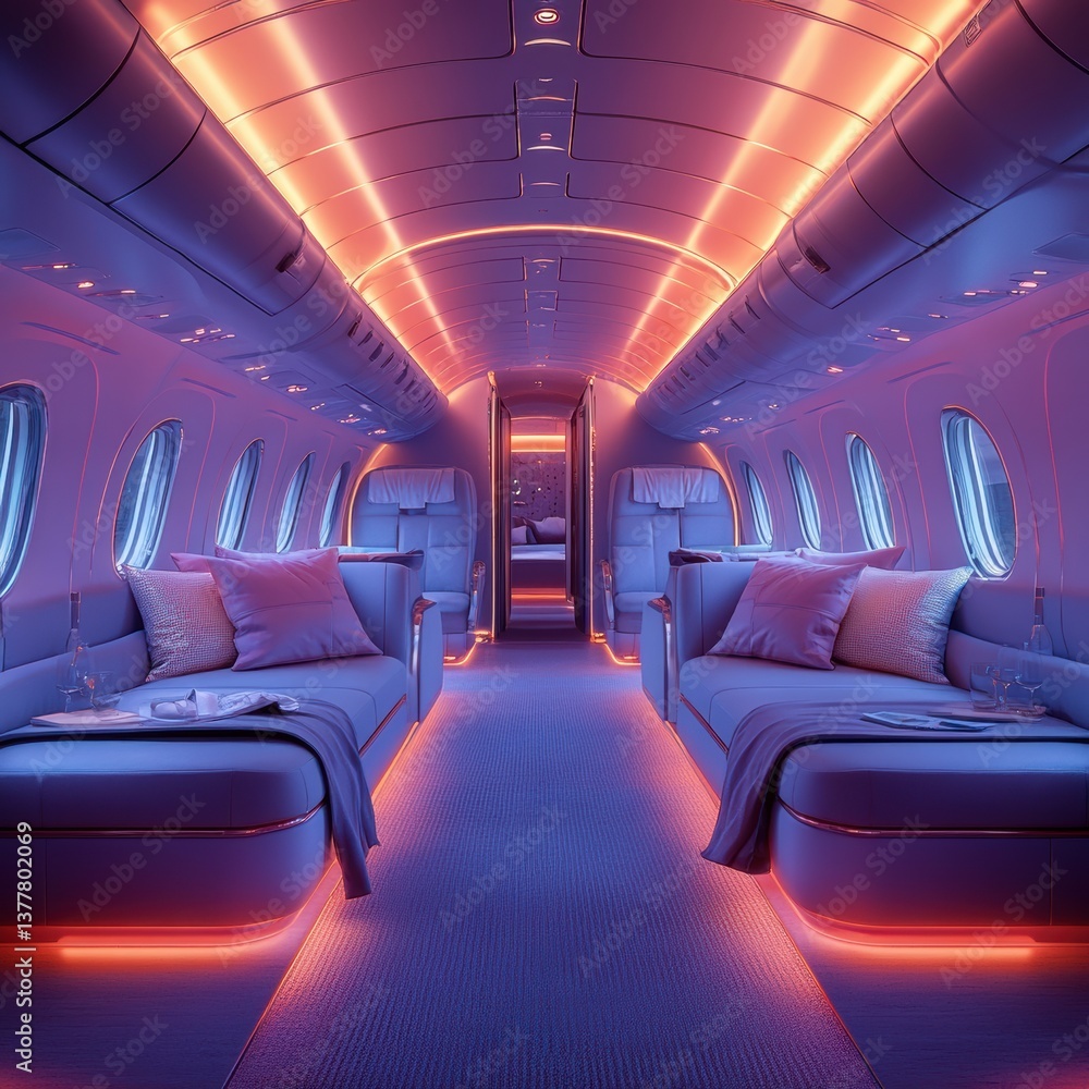 Fototapeta premium Luxurious interior of a private jet featuring comfortable leather seating ambient lighting and a spacious cabin design for a premium air travel experience