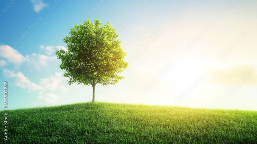 Obraz premium solitary tree stands on grassy hill under bright sky