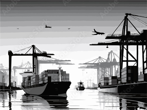 Cranes and cargo handling illustrated in a detailed EPS vector format. Shipping Industry Scene with Cargo Ships and Cranes at Dusk