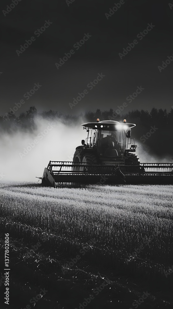 Fototapeta premium An old vintage harvester driving through a rural monochrome field with a moody atmospheric and cinematic lighting effect