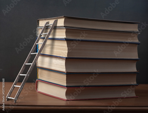A stack of books with a ladder next to it as a concept of the learning process. Achieving new knowledge. 
