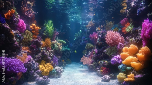 Fototapeta Naklejka Na Ścianę i Meble -  Colorful coral reef teeming with marine life beneath the shimmering ocean waves