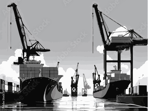 Cranes and cargo handling illustrated in a detailed EPS vector format. Industrial Port Scene with Cargo Ships and Cranes in Monochrome
