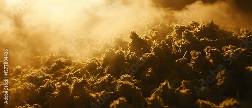 A close up view of a pile of fresh marijuana leaves and buds illuminated by dramatic moody lighting that creates a composition photo