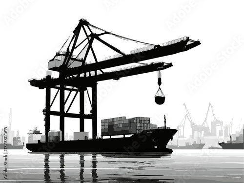 Cranes and cargo handling illustrated in a detailed EPS vector format. Industrial Dock with Cargo Ship and Cranes in Silhouette Style