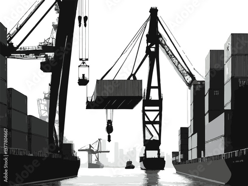 Cranes and cargo handling illustrated in a detailed EPS vector format. Container Ship Loading Operation with Cranes in Port Environment