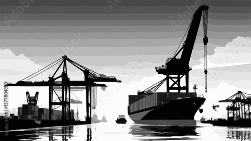 Cranes and cargo handling illustrated in a detailed EPS vector format. Industrial Maritime Scene with Cargo Ship and Cranes at Dusk