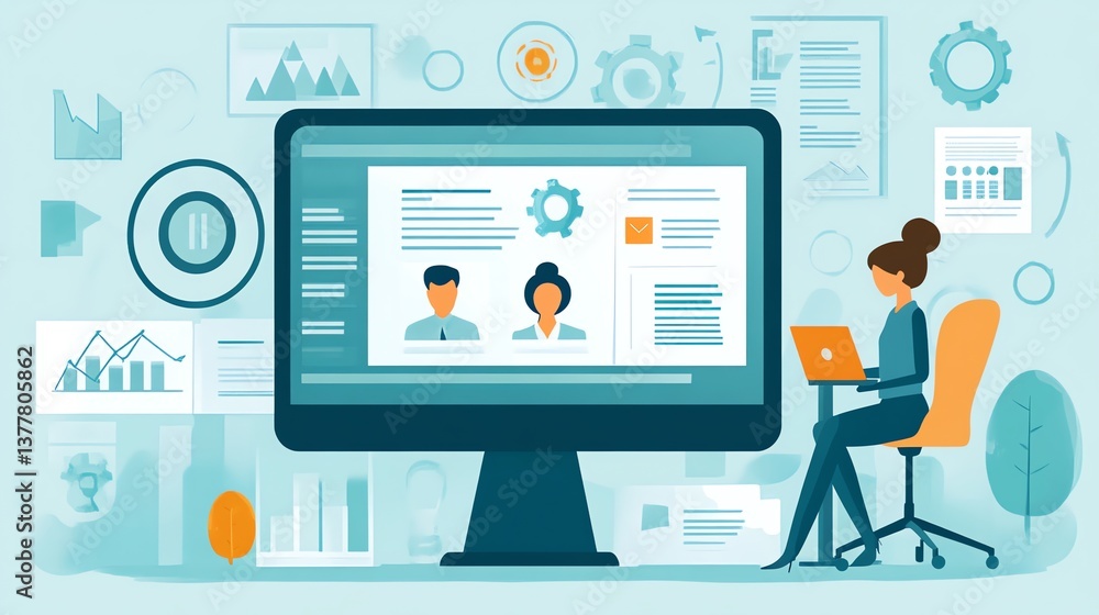 Modern Workplace: Woman Analyzing Data on Desktop with a Clean, Minimalist Design Modern Workplace: Woman Analyzing Data on Desktop with a Clean, Minimalist Design