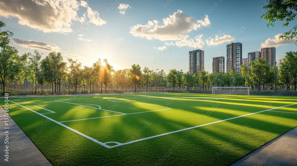 custom made wallpaper toronto digitalSunlit soccer field surrounded by trees with city skyline at sunset