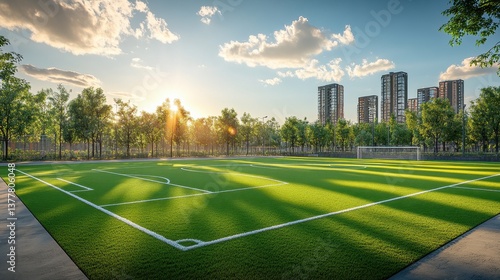 Wallpaper Mural Sunlit soccer field surrounded by trees with city skyline at sunset Torontodigital.ca