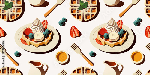 Seamless vector pattern featuring waffles with whipped cream, strawberries, blueberries, syrup, and utensils, perfect for breakfast-themed designs, food illustrations, and culinary projects.