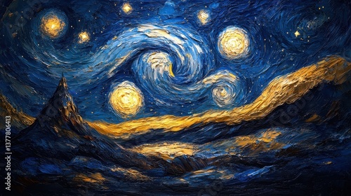 Swirling starry night sky with vibrant abstract brushstrokes and celestial landscape