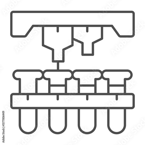 Laboratory flasks on conveyor and two liquid taps thin line icon, pharmacy concept. Vector graphics. Flasks glass and faucet sign on white background, outline style icon for mobile or web design.