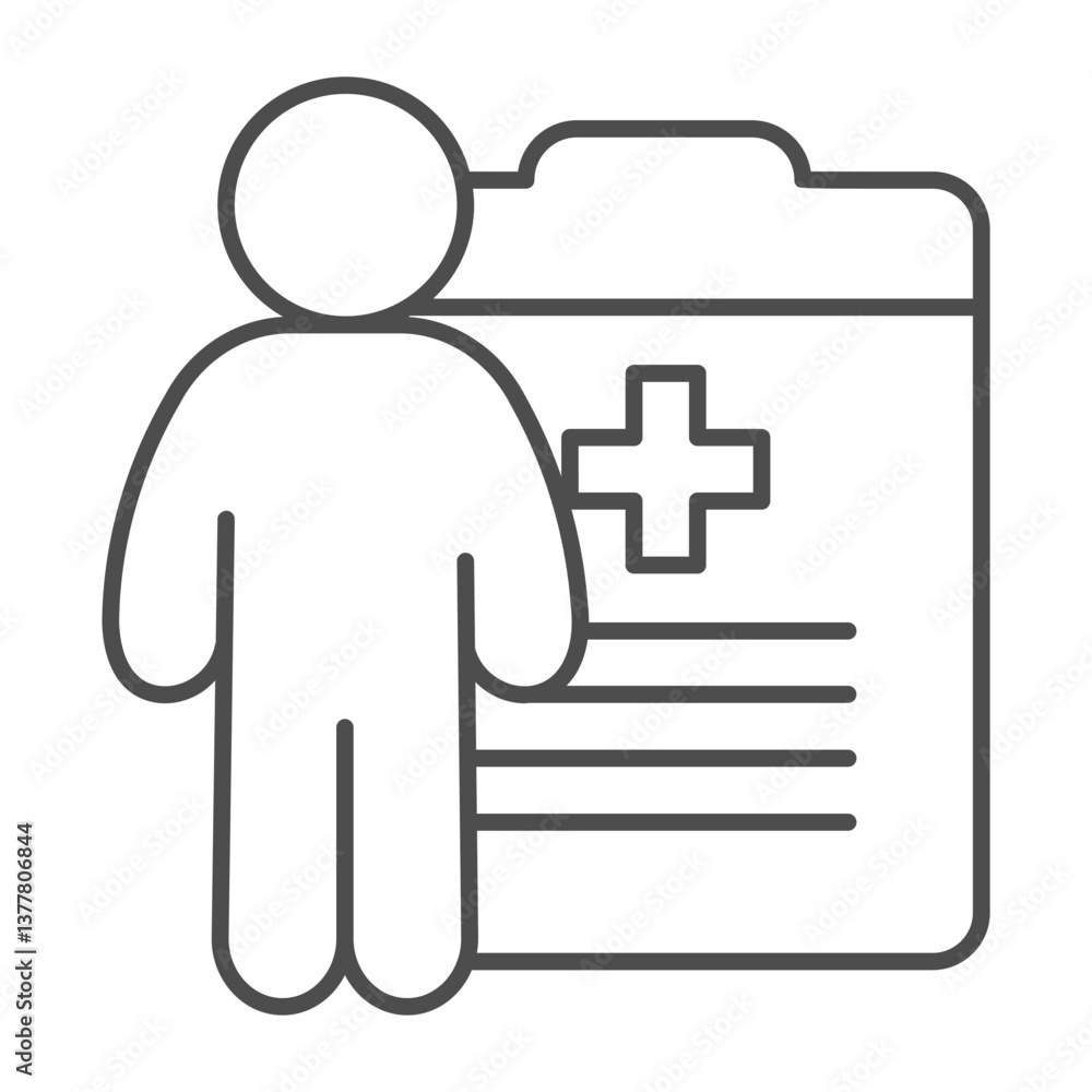 Medical report clipboard with human thin line icon, pharmacy concept. Vector graphics. Document with medical cross and man sign on white background, outline style icon for mobile or web design. Medical report clipboard with human thin line icon, pharmacy concept. Vector graphics. Document with medical cross and man sign on white background, outline style icon for mobile or web design.