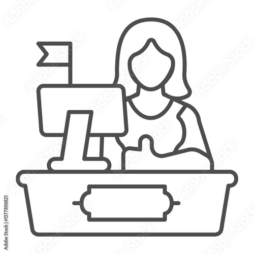 Cashier woman at desk with monitor and flag thin line icon, pharmacy concept. Vector graphics. Pharmacist point, shopping sign on white background, outline style icon for mobile or web design.