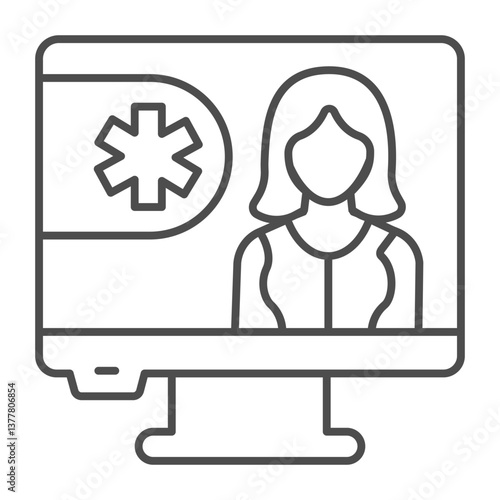Monitor screen with medical consultant thin line icon, pharmacy concept. Vector graphics. Display with woman, tele medicine sign on white background, outline style icon for mobile or web design.