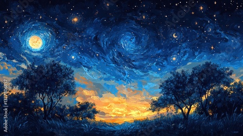 Starry night landscape with swirling stars and full moon over trees at sunset