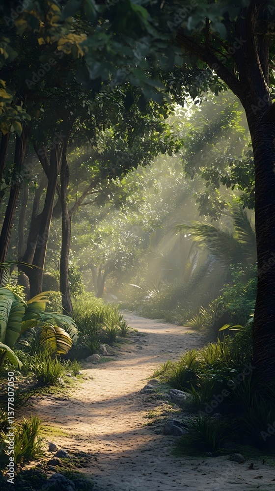 Obraz premium A tranquil natural path winding through a verdant landscape of towering trees and abundant foliage bathed in a captivating cinematic interplay of light and shadow