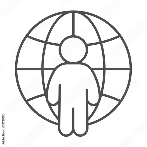 Freelancer man at world globe thin line icon, design recruitment concept. Vector graphics. Remote worker man, human recourse sign on white background, outline style icon for mobile or web design.