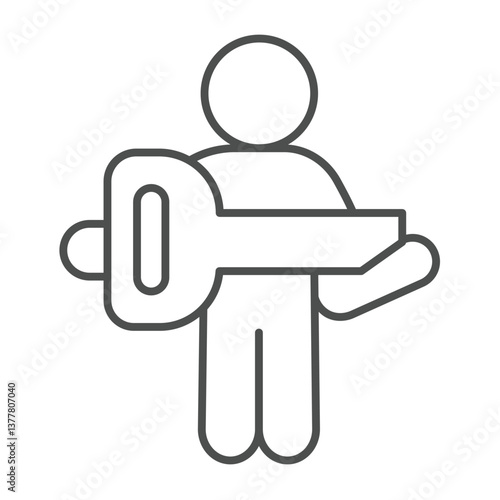 Man with big key thin line icon, design recruitment concept. Vector graphics. Key with famous person, human recourse sign on white background, outline style icon for mobile or web design.