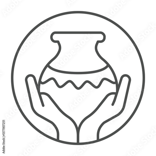 Clay jug with wave pattern in hands thin line icon, pottery making concept. Vector graphics. Clay production bubble, fragile sign on white background, outline style icon for mobile or web design.