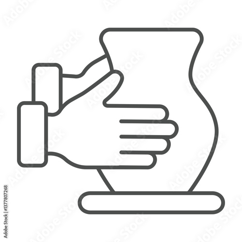 Clay jug on workbench in hands thin line icon, pottery making concept. Vector graphics. Hands with plaster product, molding sign on white background, outline style icon for mobile or web design.