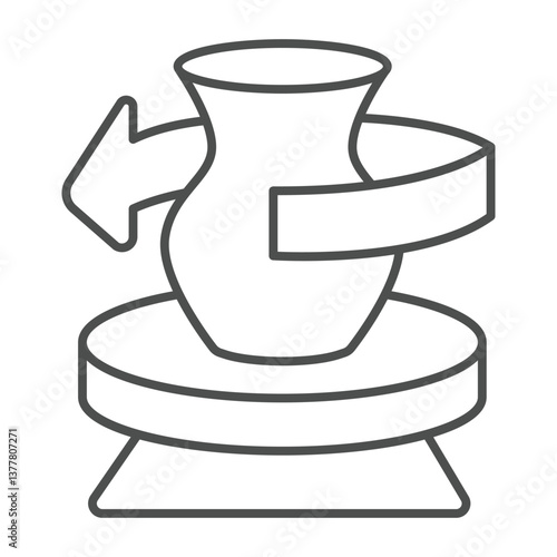 Clay jug on workbench and rotation arrow thin line icon, pottery making concept. Vector graphics. Clay production machine sign on white background, outline style icon for mobile or web design.