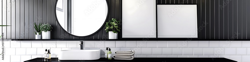 Modern black and white bathroom with round mirror, tiles, shelf with plants, and poster frame. Minimalist style. Modern black and white bathroom with round mirror, tiles, shelf with plants, and poster frame. Minimalist style.