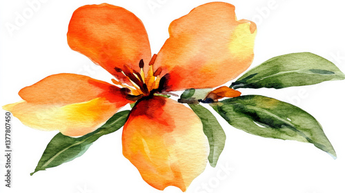 Fototapeta Naklejka Na Ścianę i Meble -  vibrant orange flower with green leaves, beautifully painted