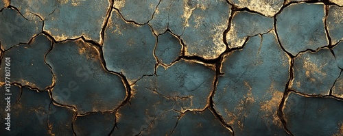 A close up of a cracked surface with gold accents and dark blue hues creating a textured pattern