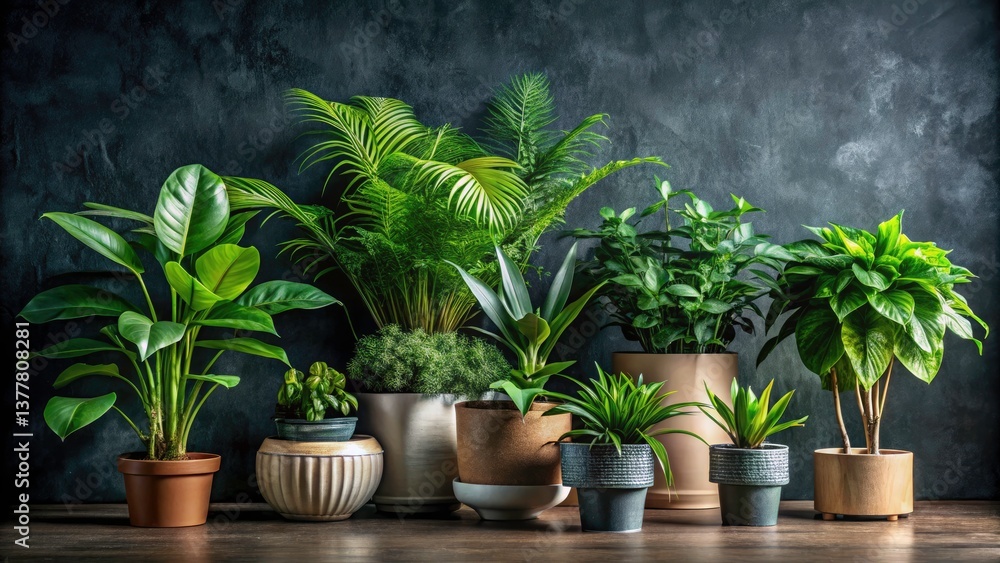 Fototapeta premium Lush Indoor Plants Modern Pots Dark Wall Background Candid Photography