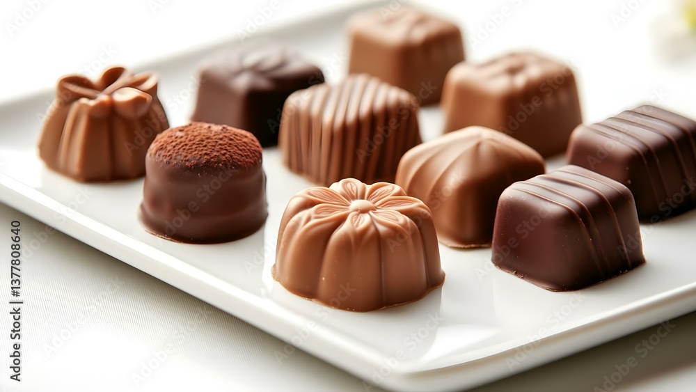 An assortment of beautifully crafted chocolate confections arranged on a white plate. Concept Artisan Chocolate Designs, Elegant Dessert Presentation, Gourmet Treats, Visual Appeal of Sweets An assortment of beautifully crafted chocolate confections arranged on a white plate. Concept Artisan Chocolate Designs, Elegant Dessert Presentation, Gourmet Treats, Visual Appeal of Sweets