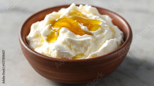 Turkish Kaymak Clotted Cream a small bowl high key lighting accentuating its smooth glossy texture honey drizzled on top bright modern caf setting