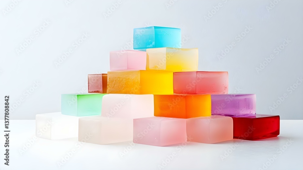 A colorful pyramid made of various translucent and opaque gel-like blocks in different shades. Concept Translucent Gel Blocks, Colorful Pyramid Design, Opaque vs, Translucent A colorful pyramid made of various translucent and opaque gel-like blocks in different shades. Concept Translucent Gel Blocks, Colorful Pyramid Design, Opaque vs, Translucent