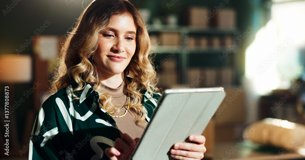 Delivery, small business and woman typing on tablet for inventory management, package export or shipping. Online shop, logistics or person with order app for dropshipping, digital receipt or planning Delivery, small business and woman typing on tablet for inventory management, package export or shipping. Online shop, logistics or person with order app for dropshipping, digital receipt or planning