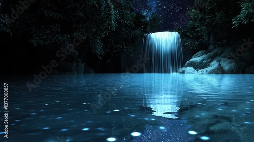 A serene moonlit clearing with waterfalls gently cascading into a glowing lake, stars reflected like crystal